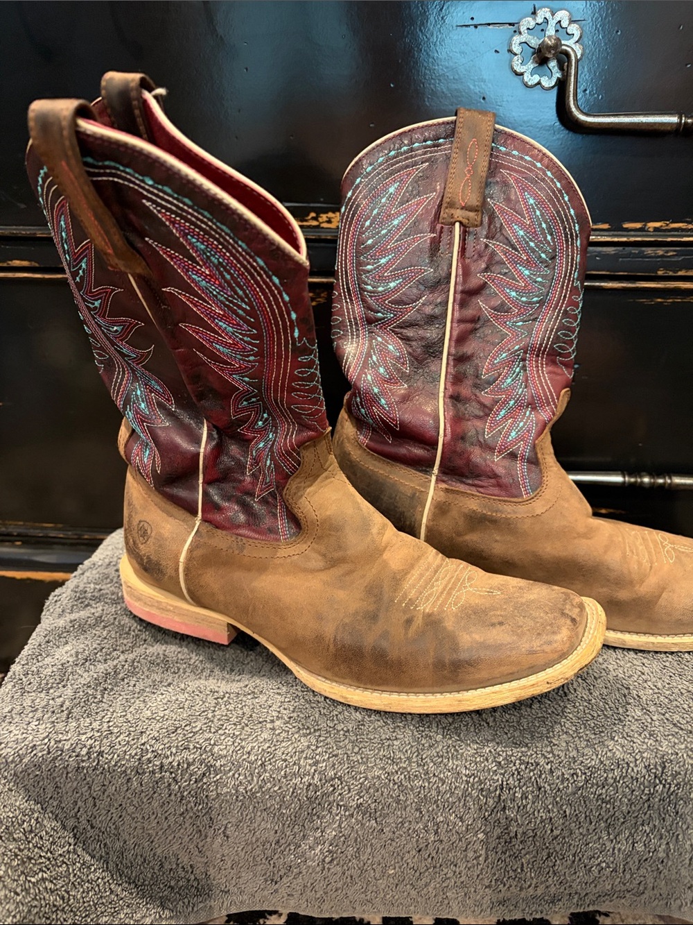 Ariat Brown Suede Foot with Burgundy Embroidered Shaft Cowboy Boots